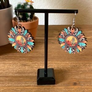 Sunflower Cactus Desert Scene Wooden Drop Earrings.
